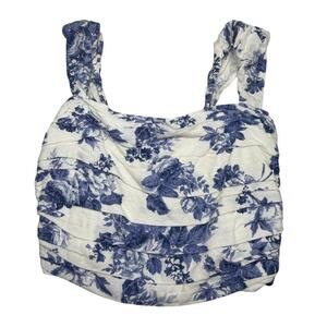 Abercrombie & Fitch Smocked Crop Top 💙 Blue & White Floral Ruched • Size L